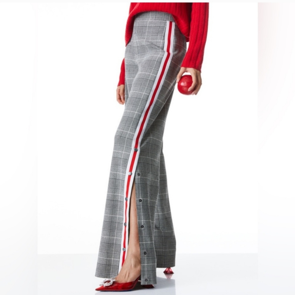 Alice + Olivia Gray Plaid Wide Leg Pants with Red Stripe